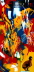 Der Weg zum Paradies, 2000 Oelfarbe, Lackfarbe, Papageienfedern und Collage auf Leinwand 80 x 170